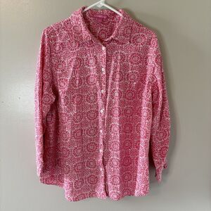 Woman Within Linen Blend Pink Geometric Blouse Button Up Top Sz Large 18…